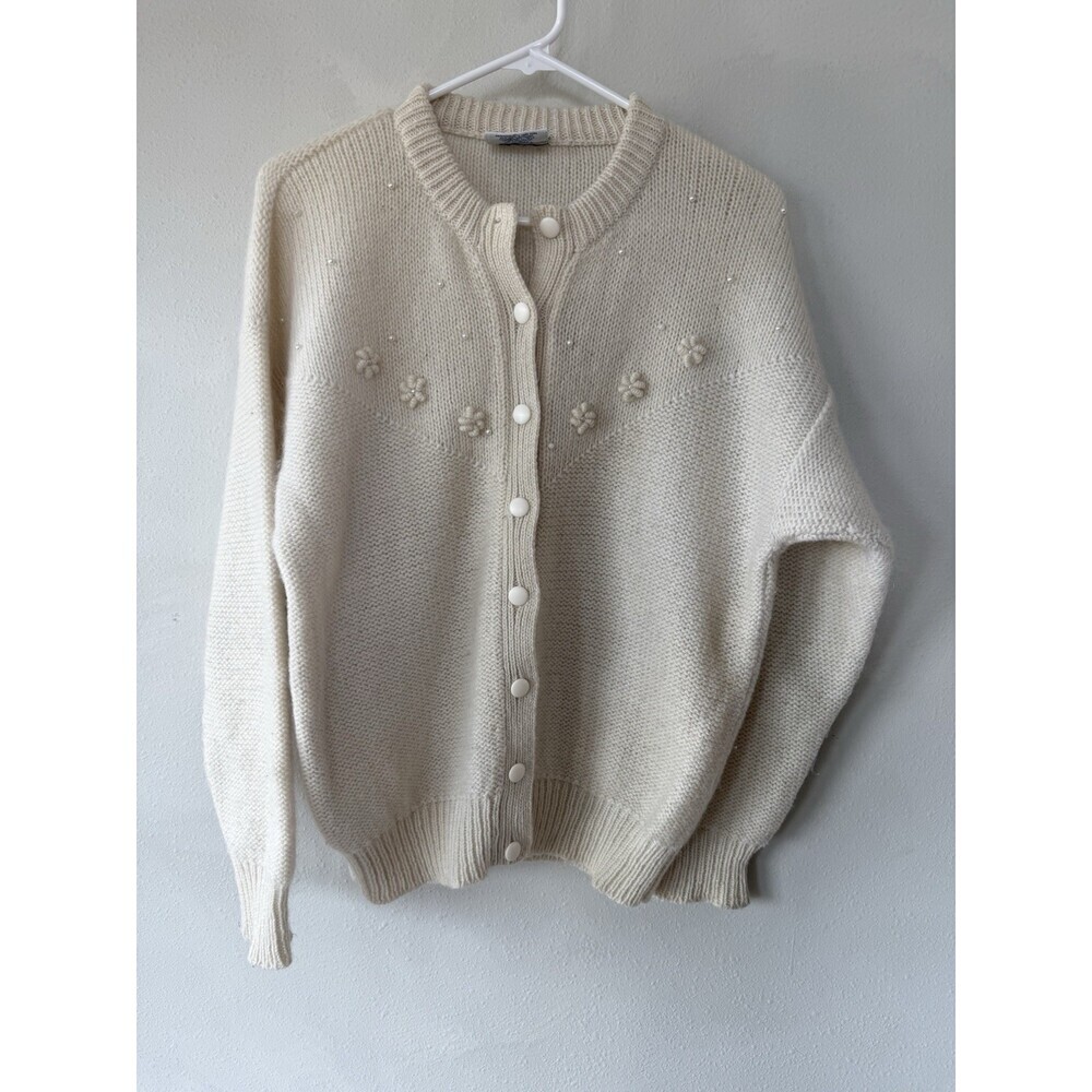 Vtg Snowy Peak N. Zealand 40 10 Cardigan Sweater Merino Mohair Wool Ivory Cream